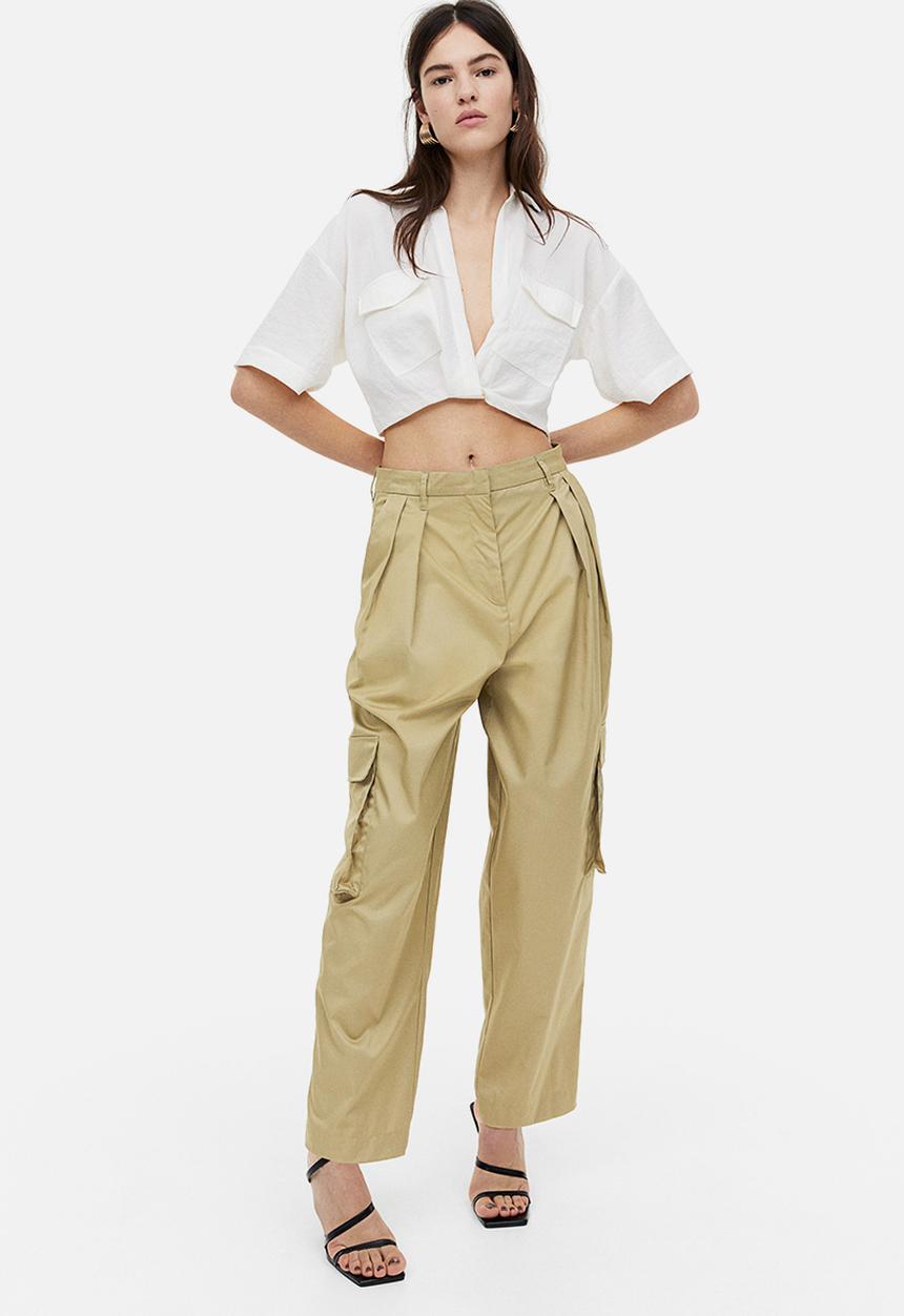 H&M - Wide utility trousers - light khaki green