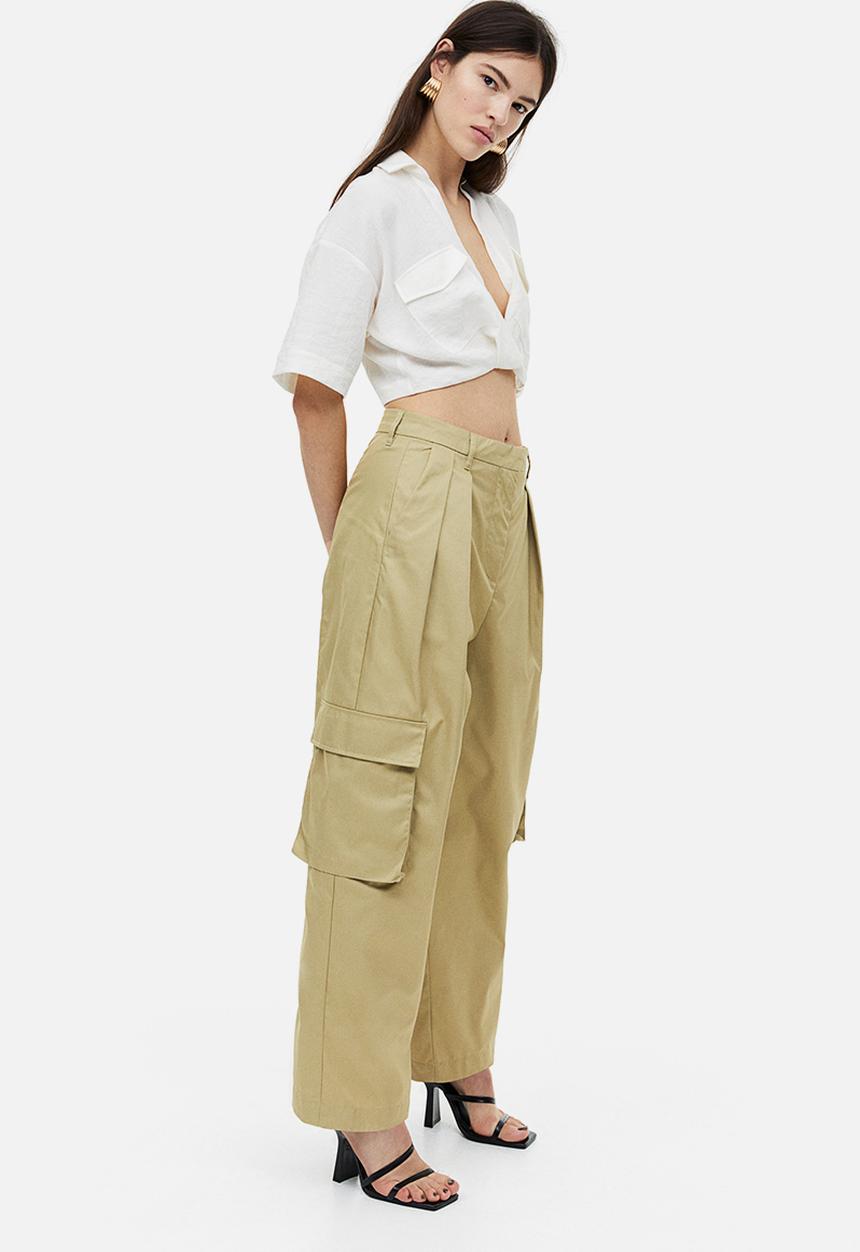 H&M - Wide utility trousers - light khaki green