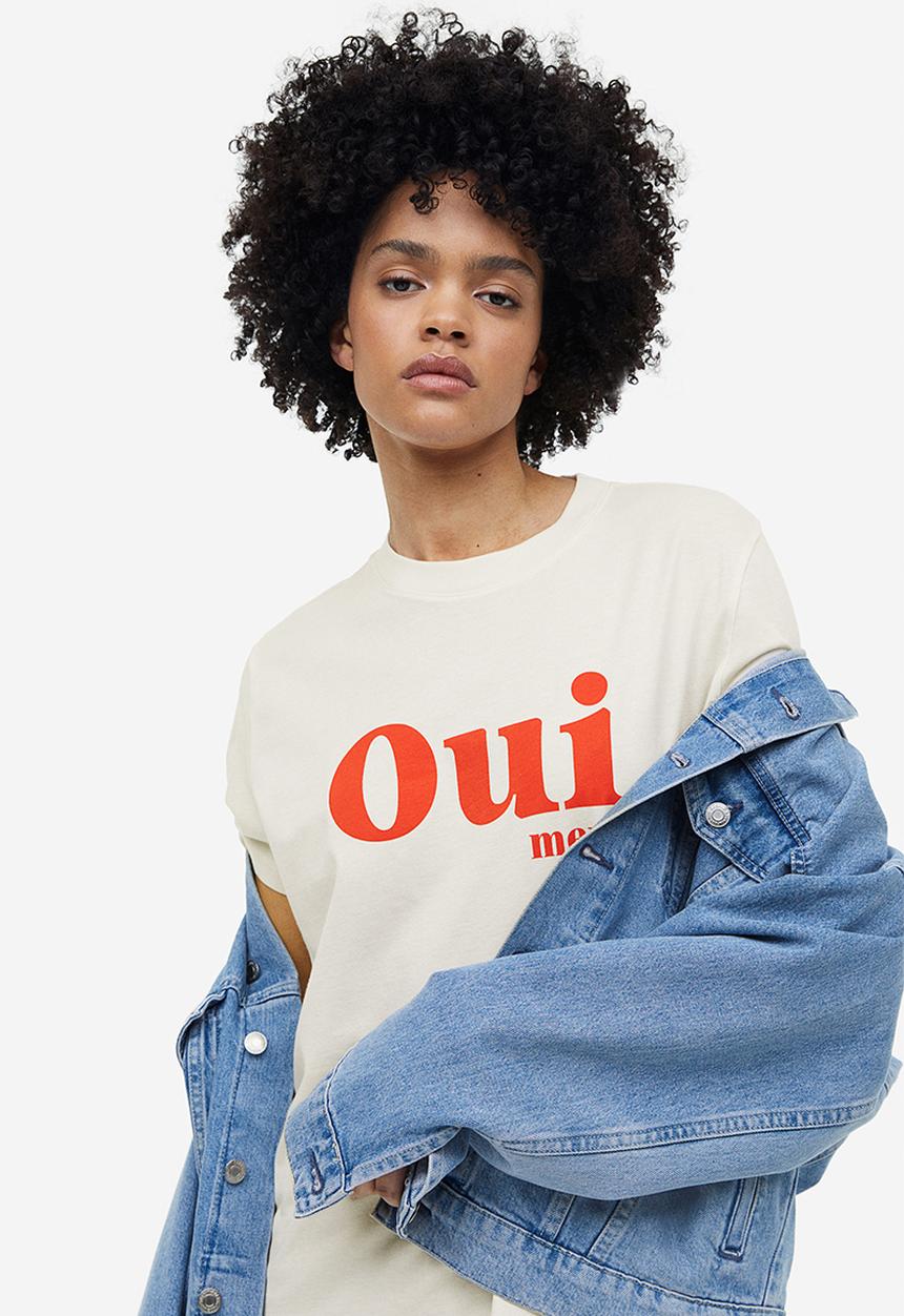 H&M - Cotton T-shirt - cream oui merci