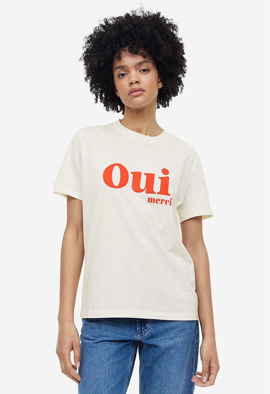 H&M - Cotton T-shirt - cream oui merci