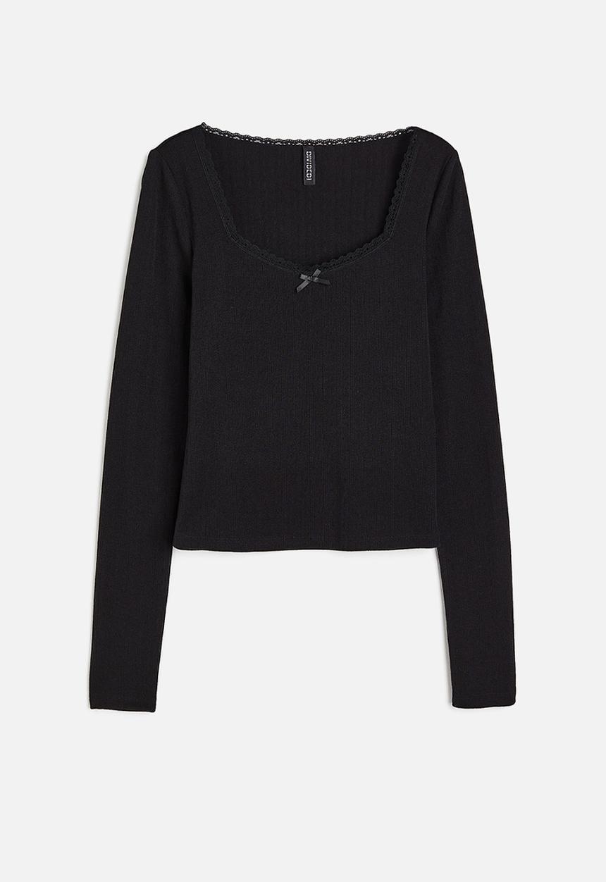 H&M - Lace-trimmed pointelle jersey top - black