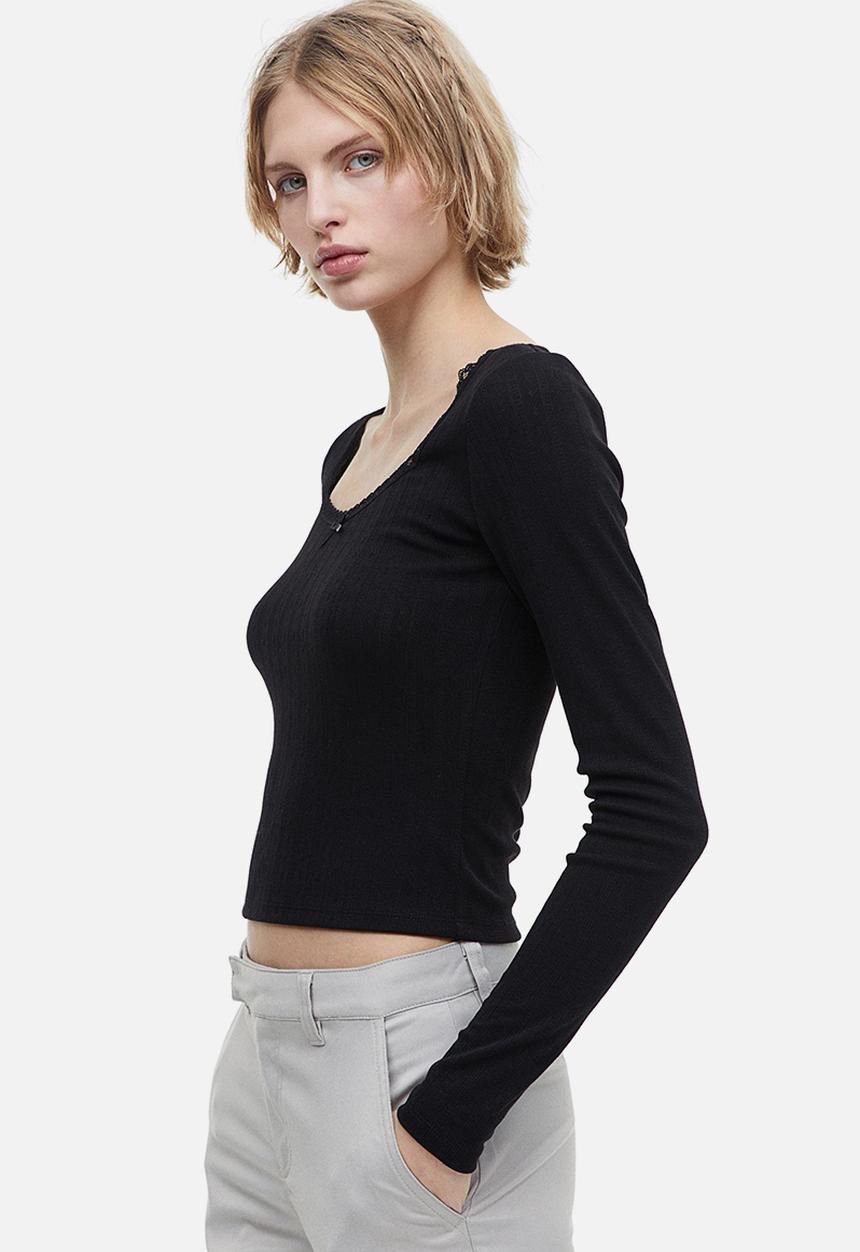 H&M - Lace-trimmed pointelle jersey top - black