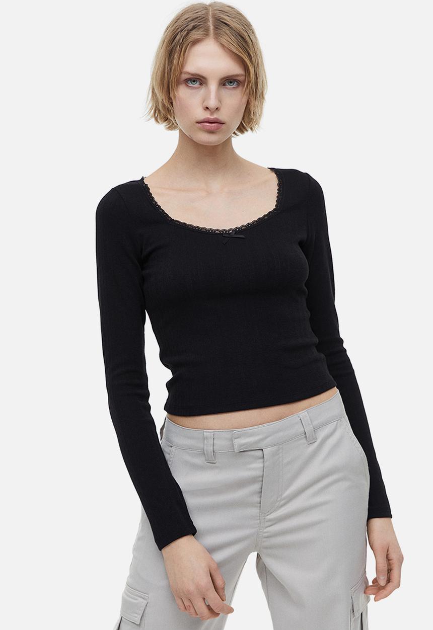 H&M - Lace-trimmed pointelle jersey top - black