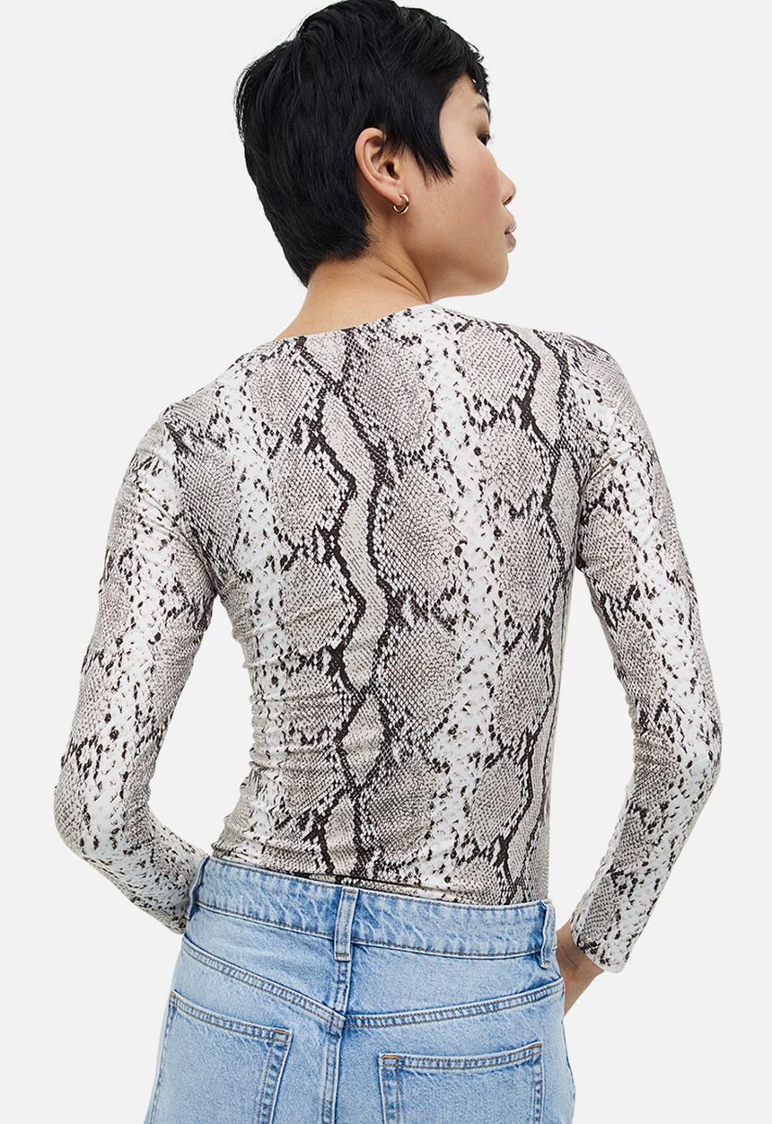H&M - Long-sleeved jersey top - beige snakeskin patterned 
