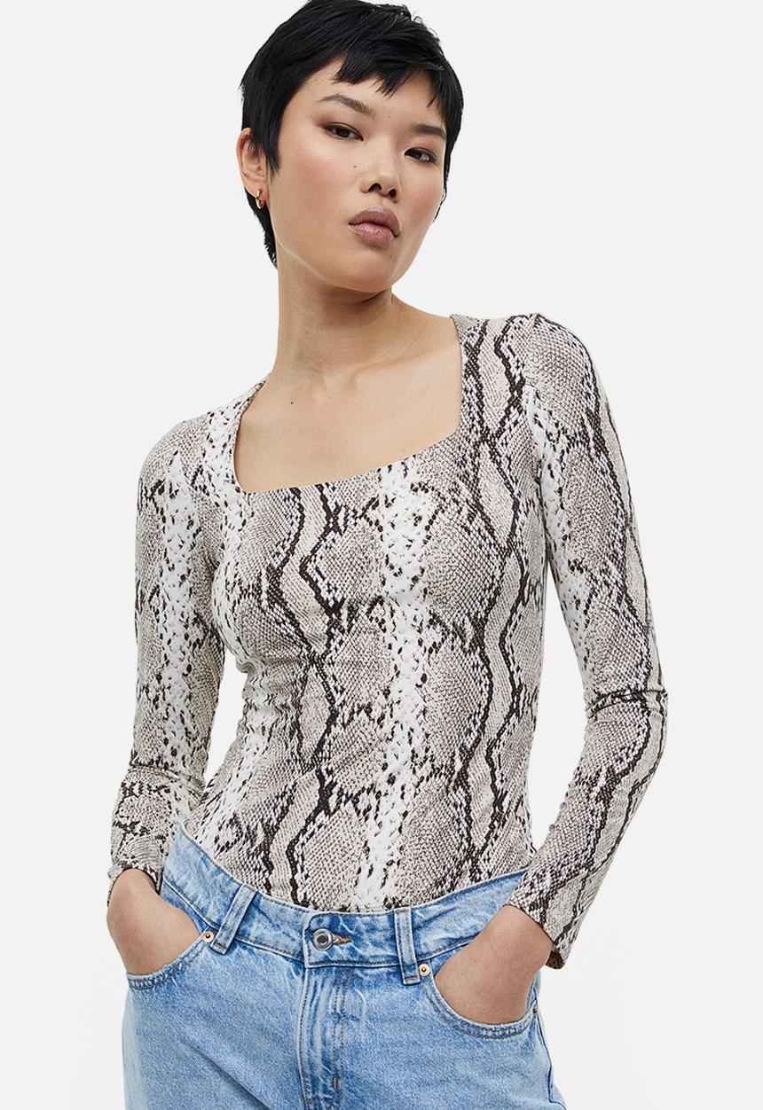 H&M - Long-sleeved jersey top - beige snakeskin patterned 