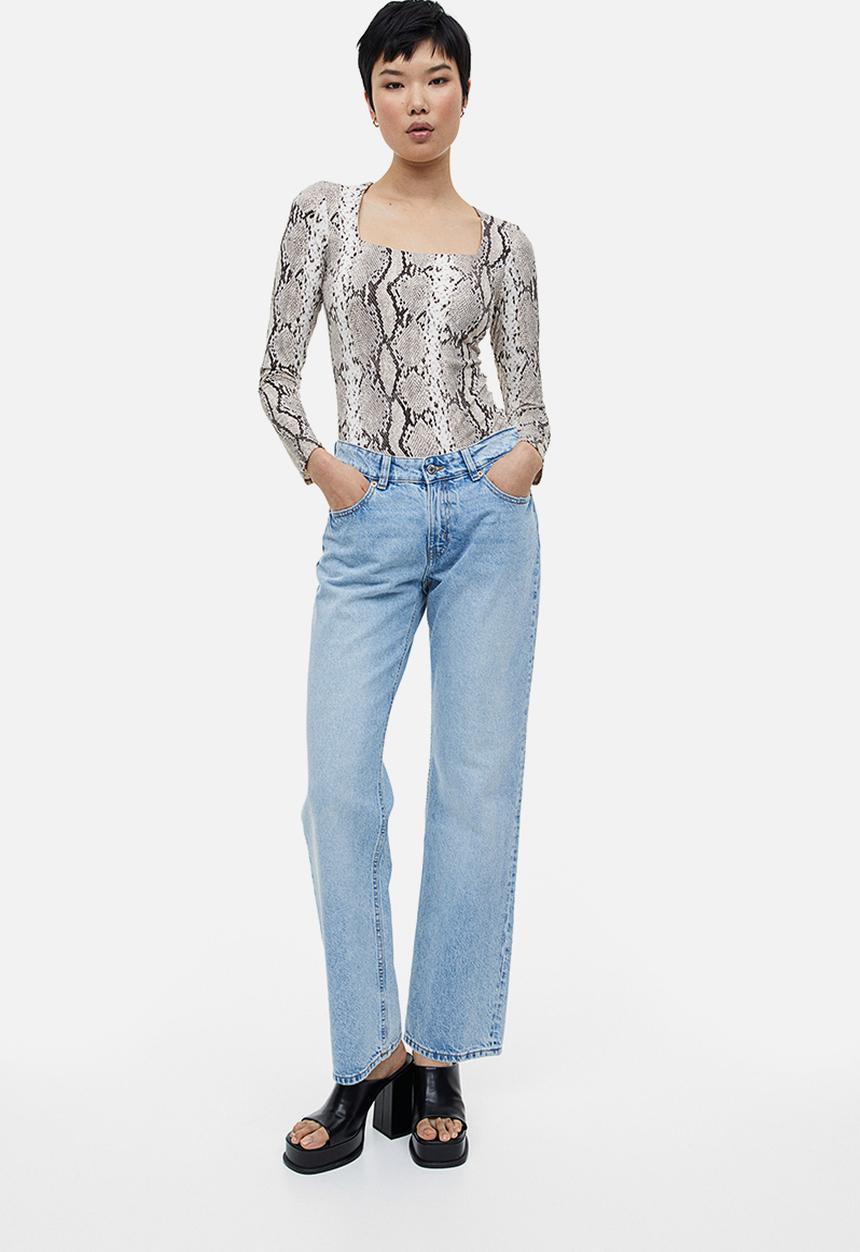 H&M - Long-sleeved jersey top - beige snakeskin patterned 