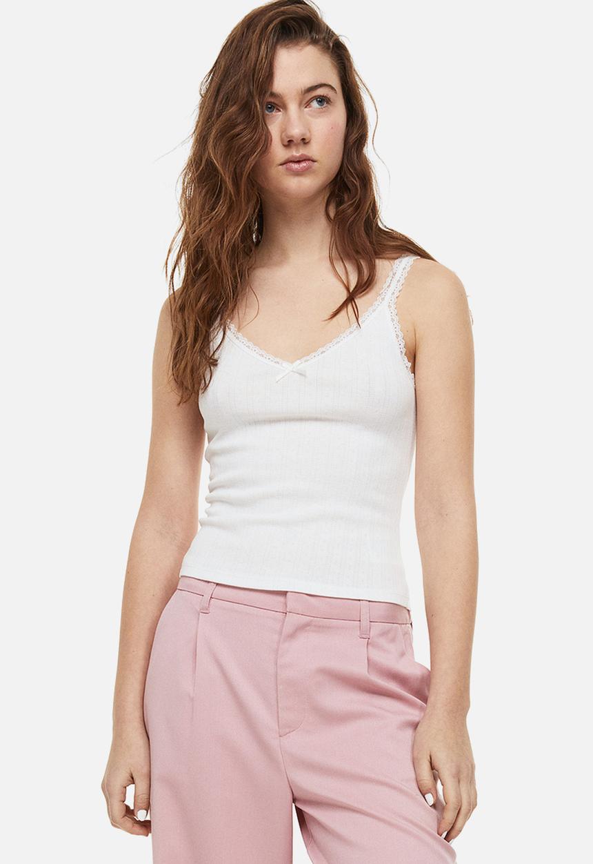 H&M - Lace-trimmed ribbed vest top - white