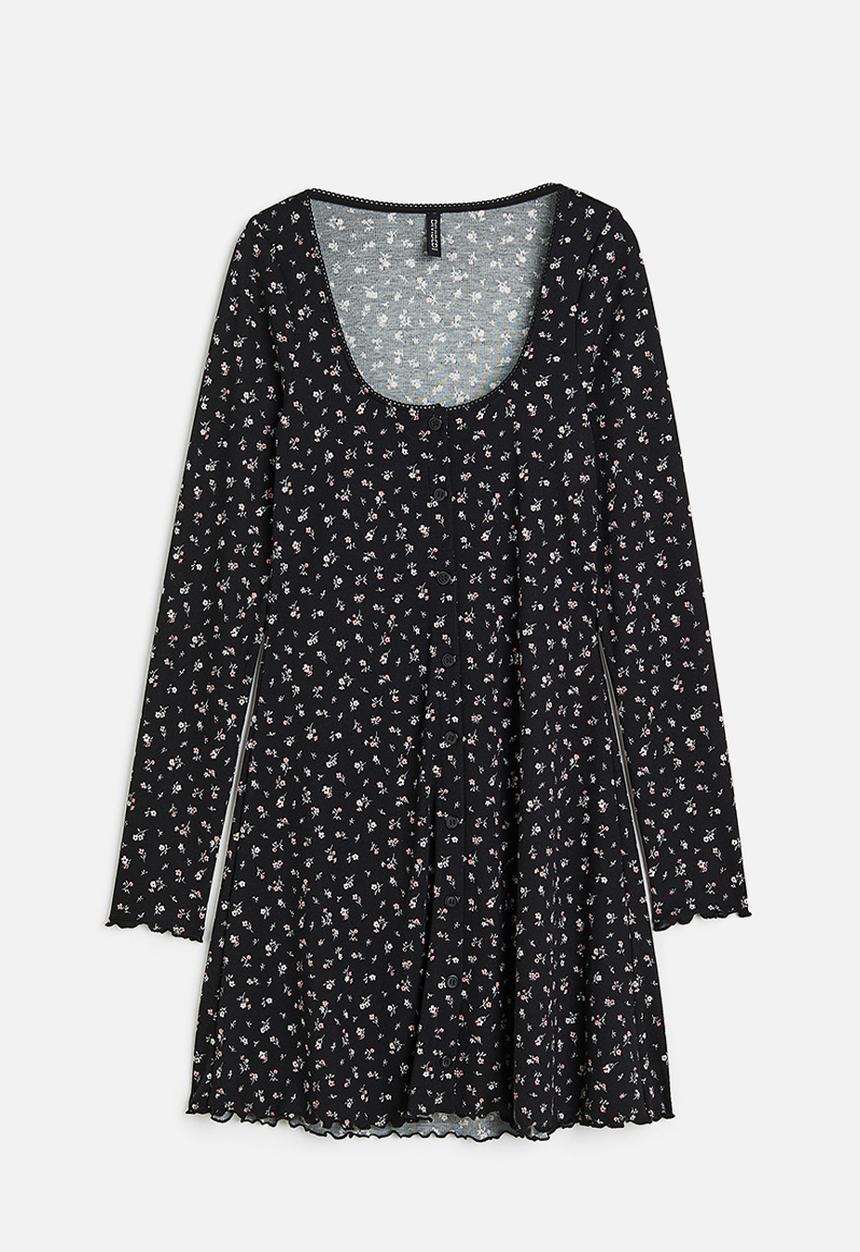 H&M - Lace-trimmed ribbed dress - black small flowers