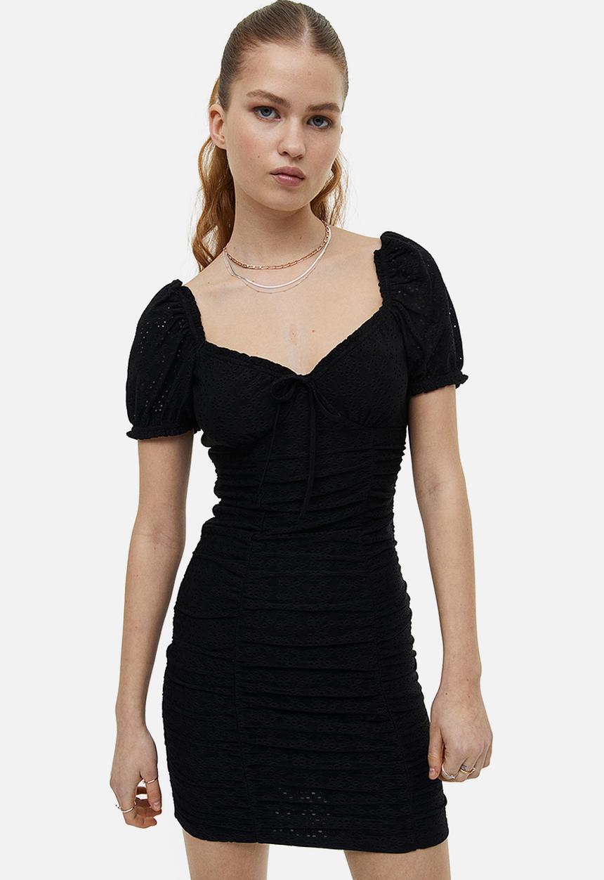H&M - Gathered broderie anglaise dress - black