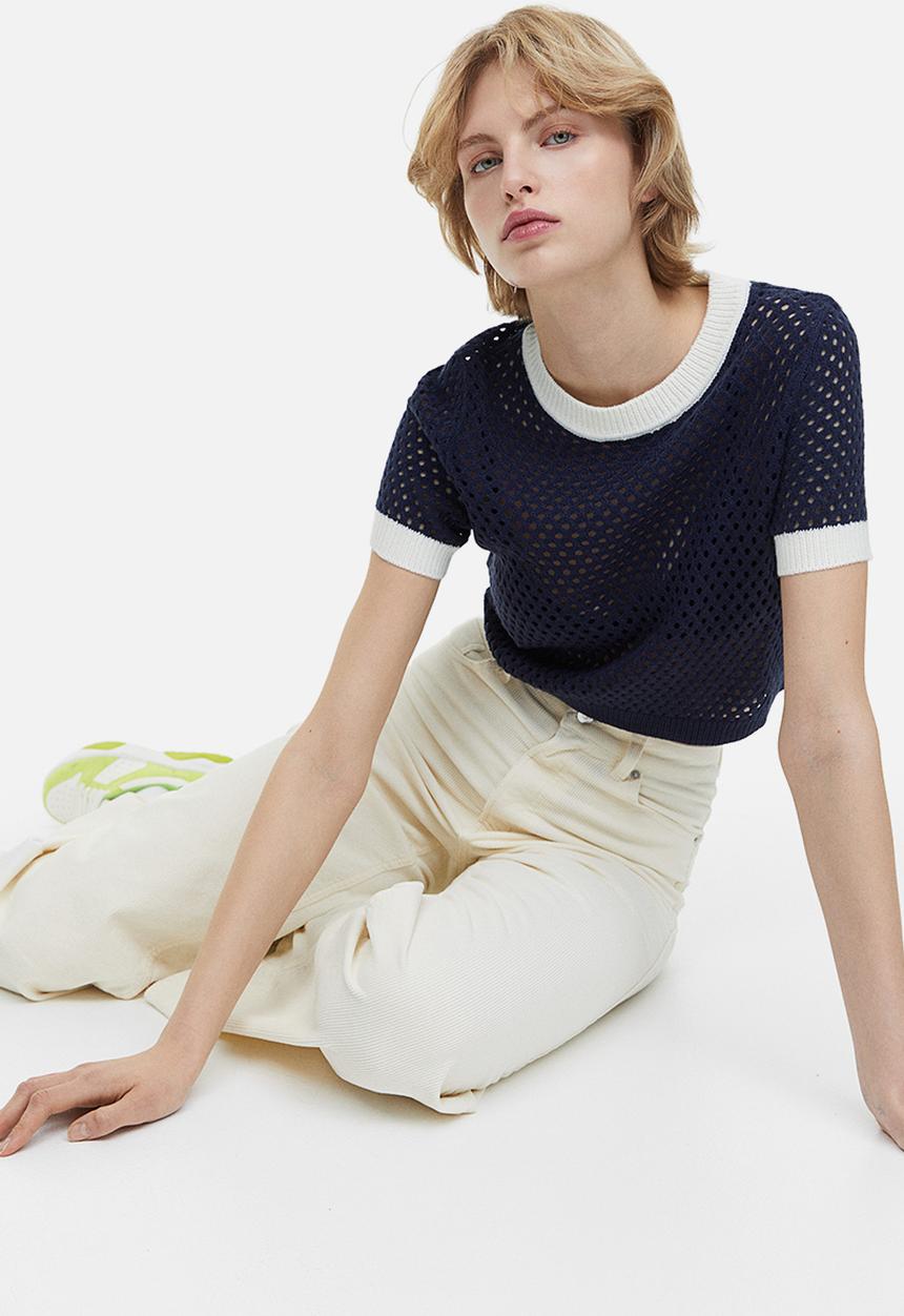 H&M - Hole-knit top - dark blue/cream