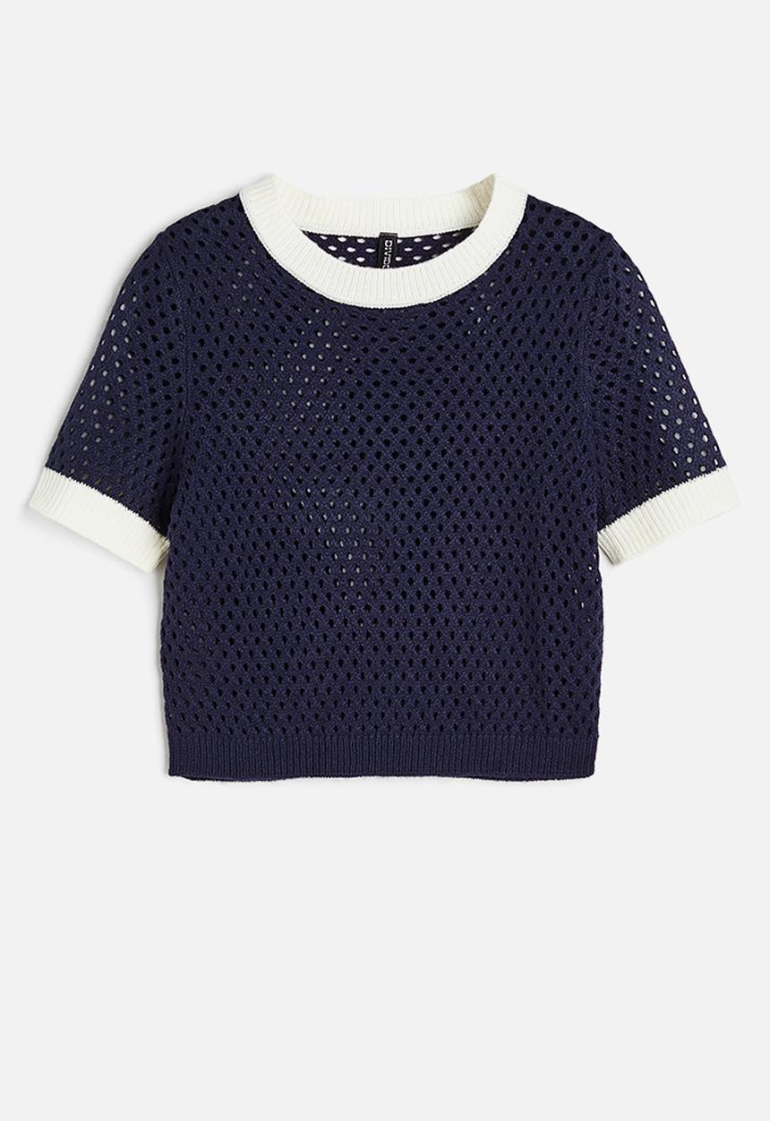 H&M - Hole-knit top - dark blue/cream
