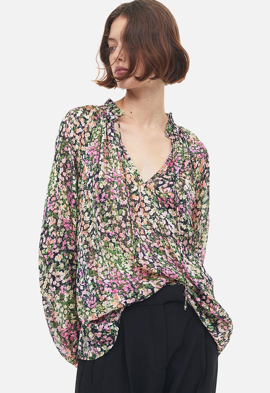 H&M - Frill-trimmed crêpe blouse - black/floral