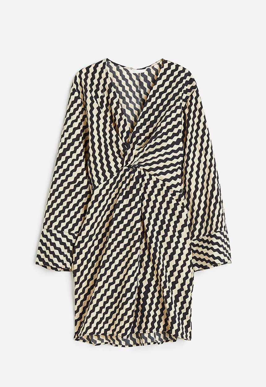 H&M - Textured-weave knot-detail dress - black / patterned 