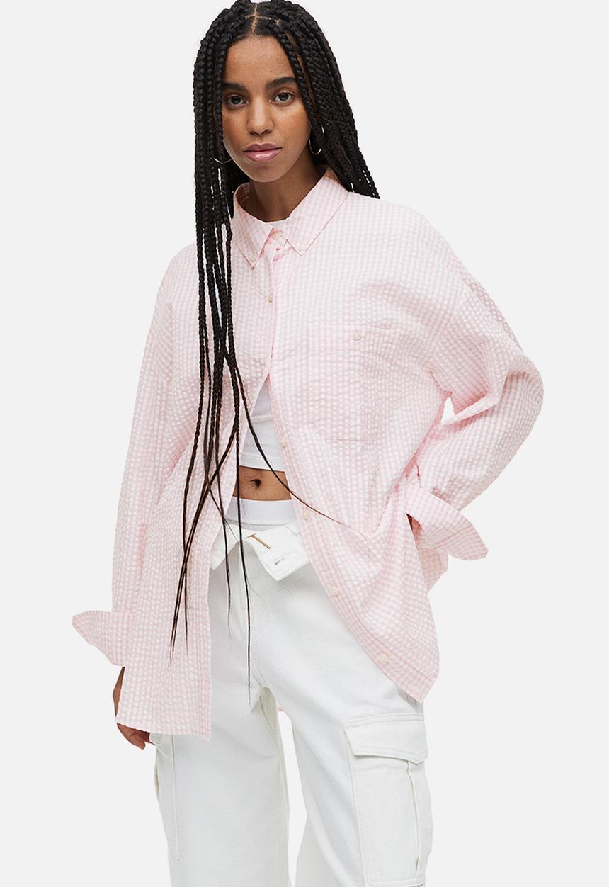 H&M - Oversized seersucker shirt - light pink checked 