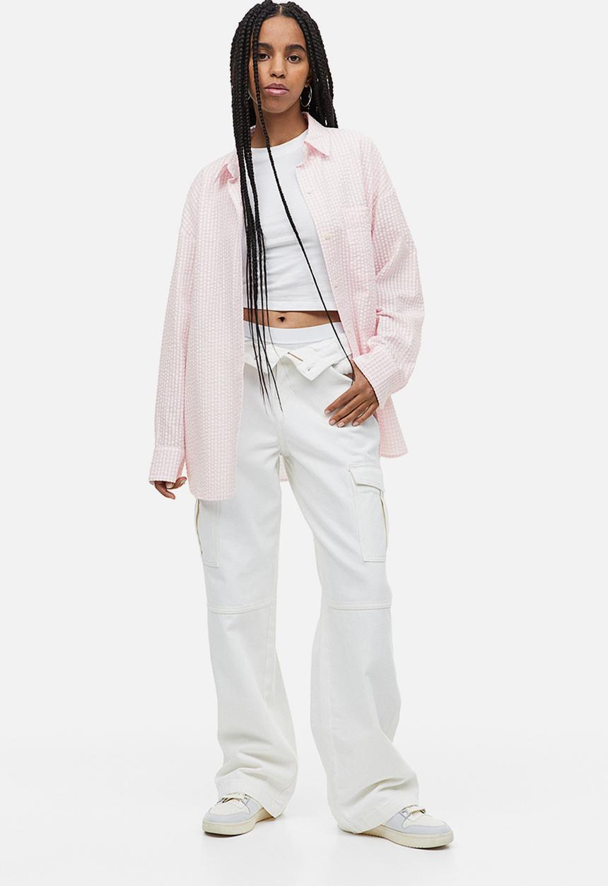 H&M - Oversized seersucker shirt - light pink checked 