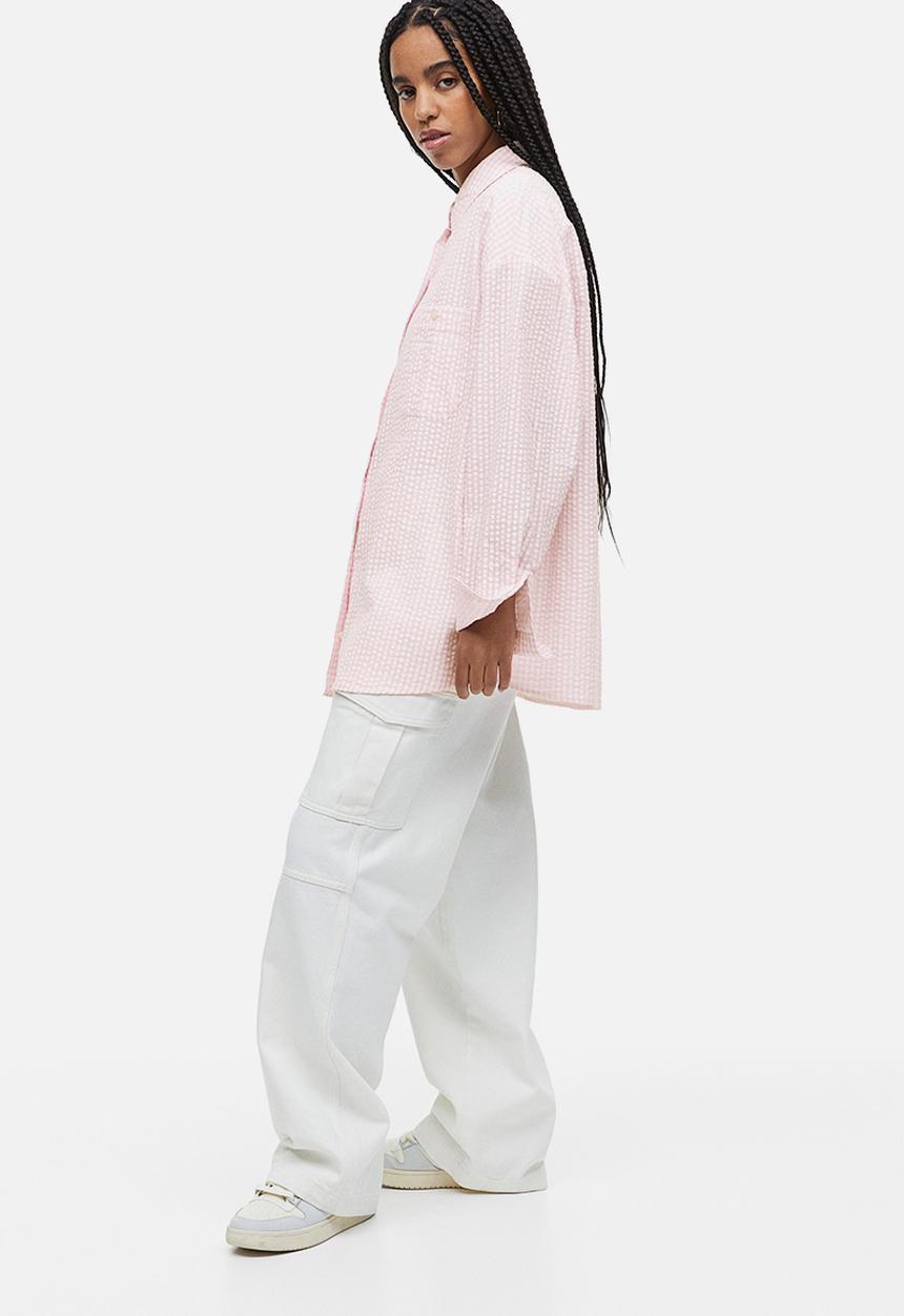 H&M - Oversized seersucker shirt - light pink checked 