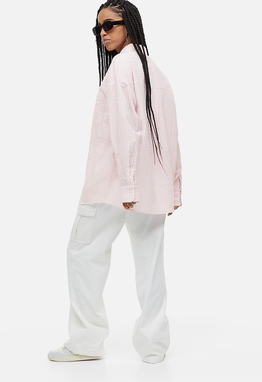 H&M - Oversized seersucker shirt - light pink checked 