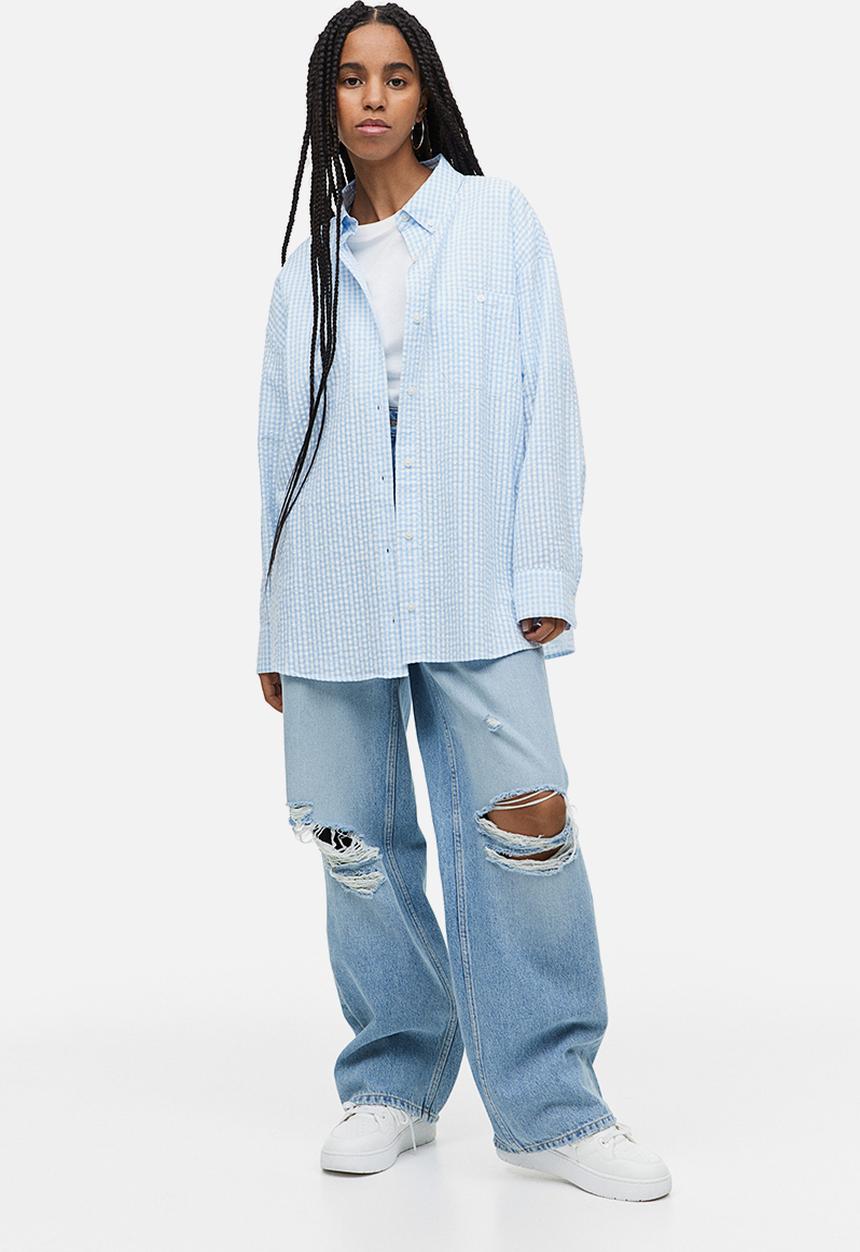 H&M - Oversized seersucker shirt - light blue checked 