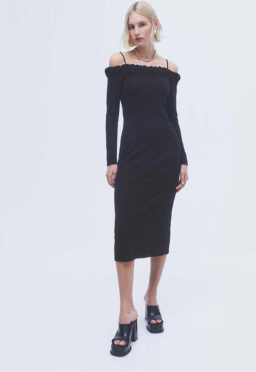 H&M - Frill-trimmed off-the-shoulder dress - black