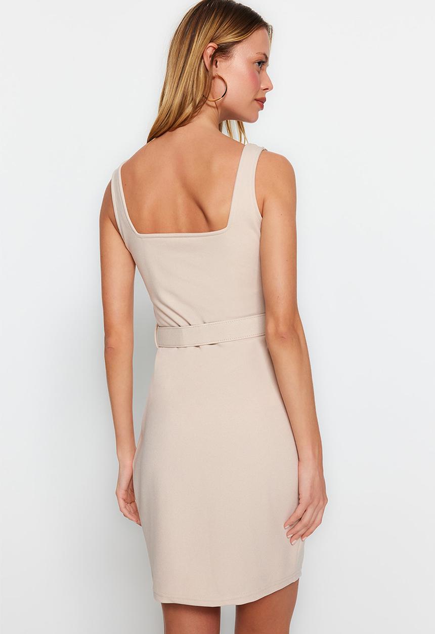 Trendyol - Mini belted waist bodycon dress - beige