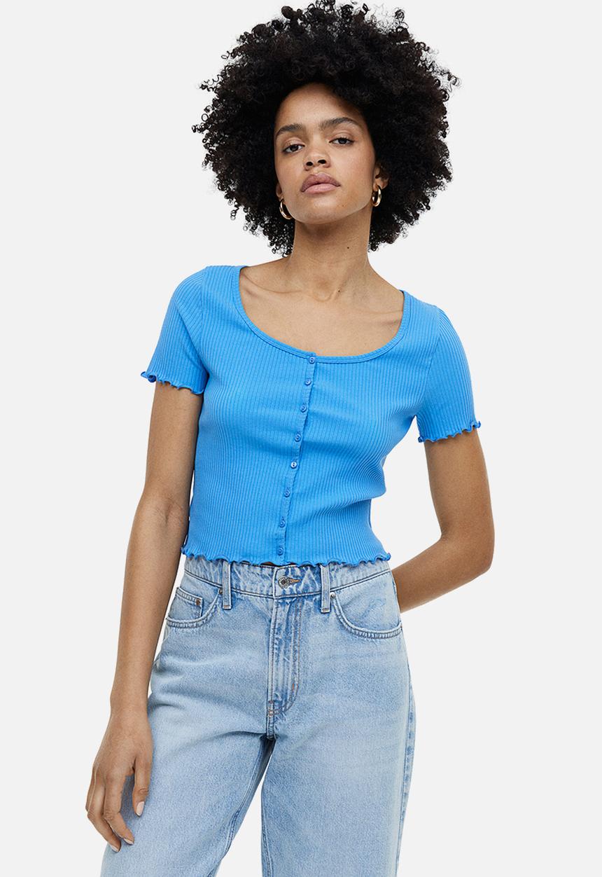 Ribbed button-front top - blue - 1159618004
