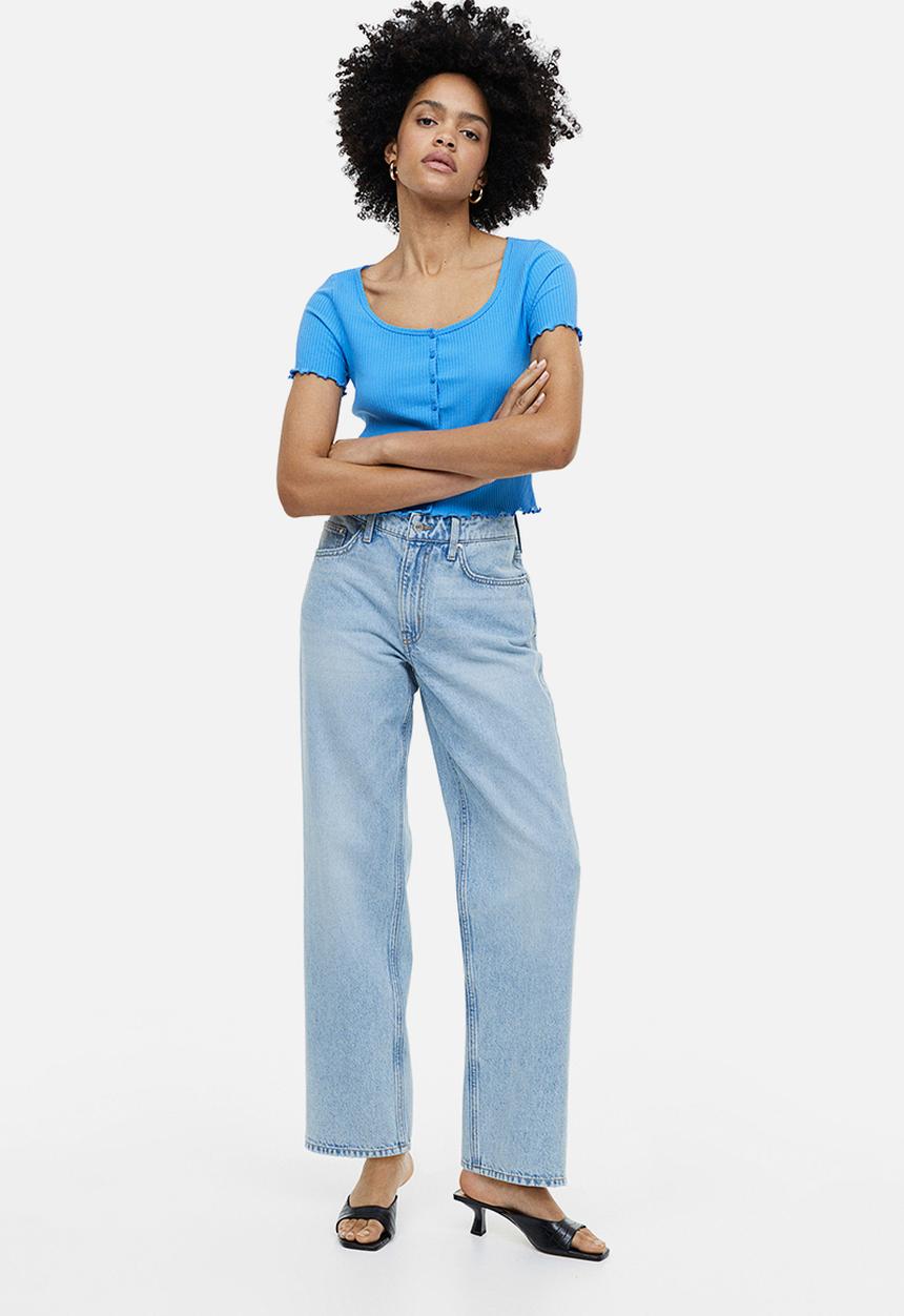 Ribbed button-front top - blue - 1159618004