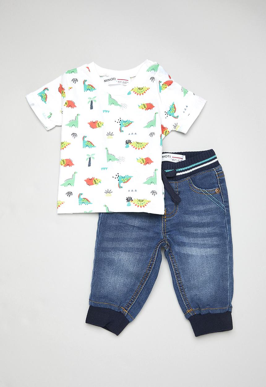 MINOTI - 2 Pack aop T-shirt & knitted denim jean set - blue & white