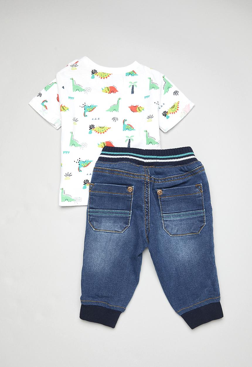 MINOTI - 2 Pack aop T-shirt & knitted denim jean set - blue & white