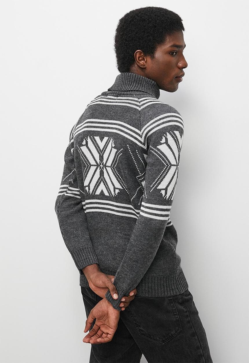 Superbalist - Regular fit geo pattern turtleneck - charcoal & white