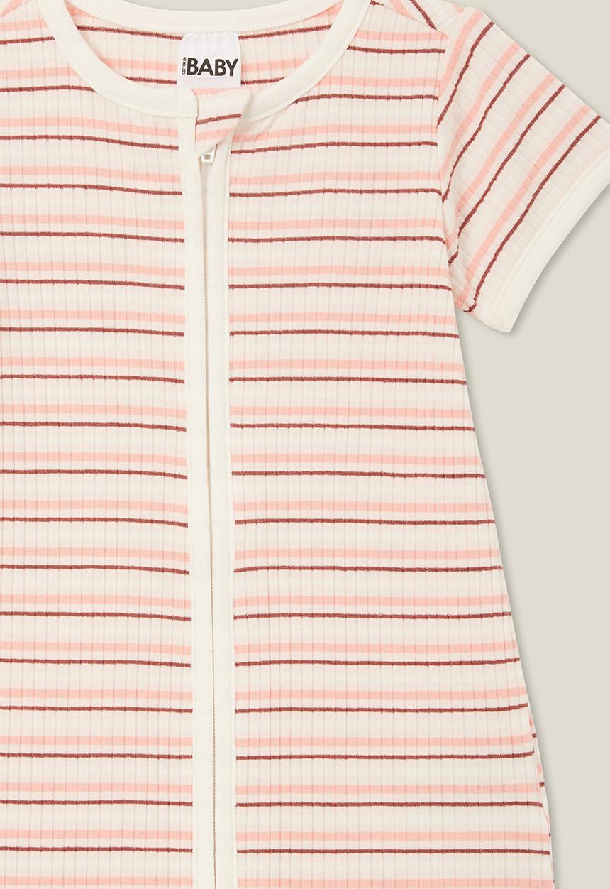 Cotton On - The short sleeve zip romper - rib coral dreams stripe