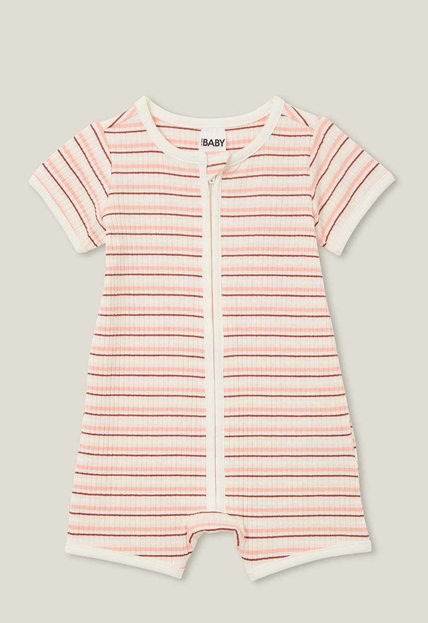 Cotton On - The short sleeve zip romper - rib coral dreams stripe