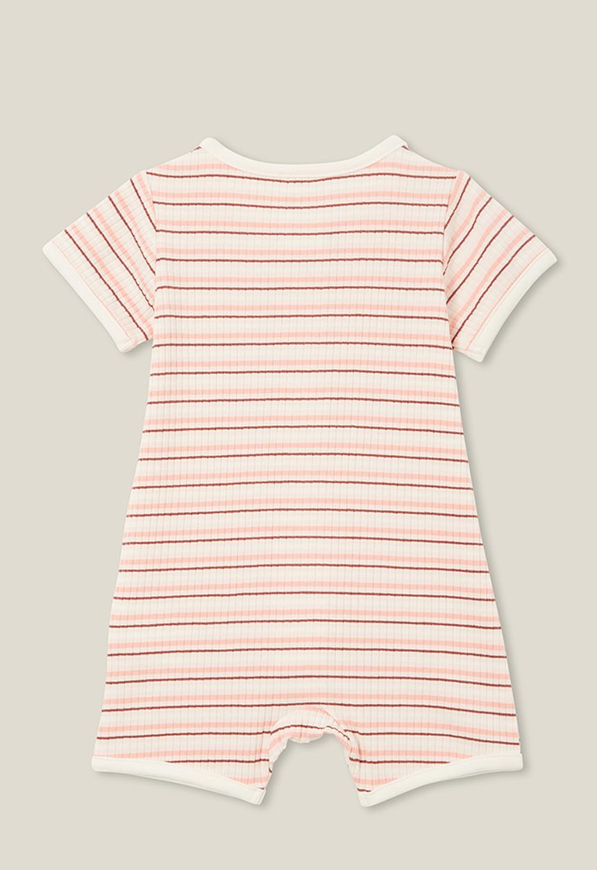 Cotton On - The short sleeve zip romper - rib coral dreams stripe