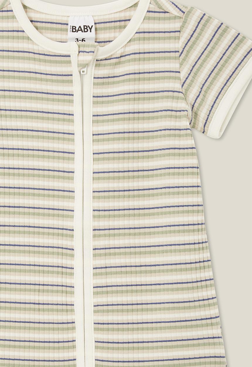 Cotton On - The short sleeve zip romper - rib deep sage stripe