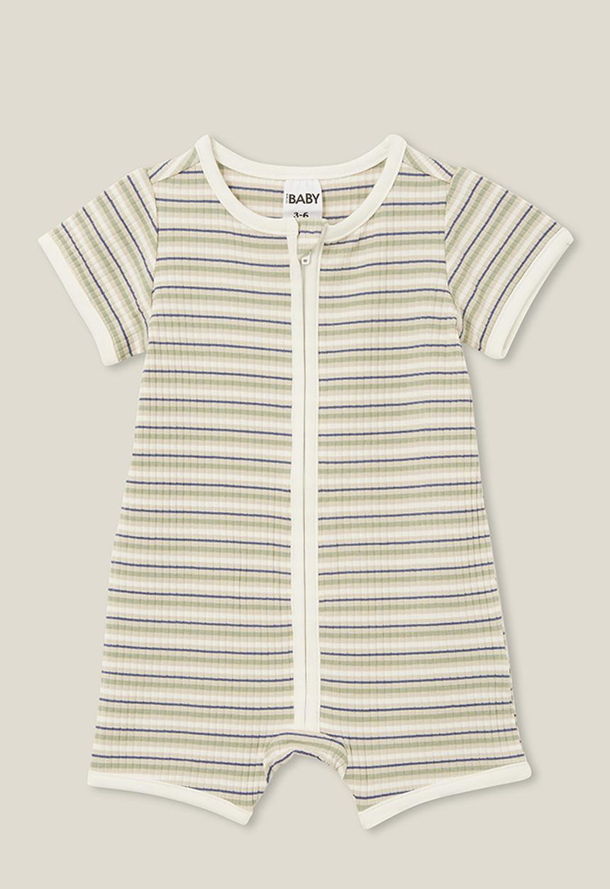 Cotton On - The short sleeve zip romper - rib deep sage stripe