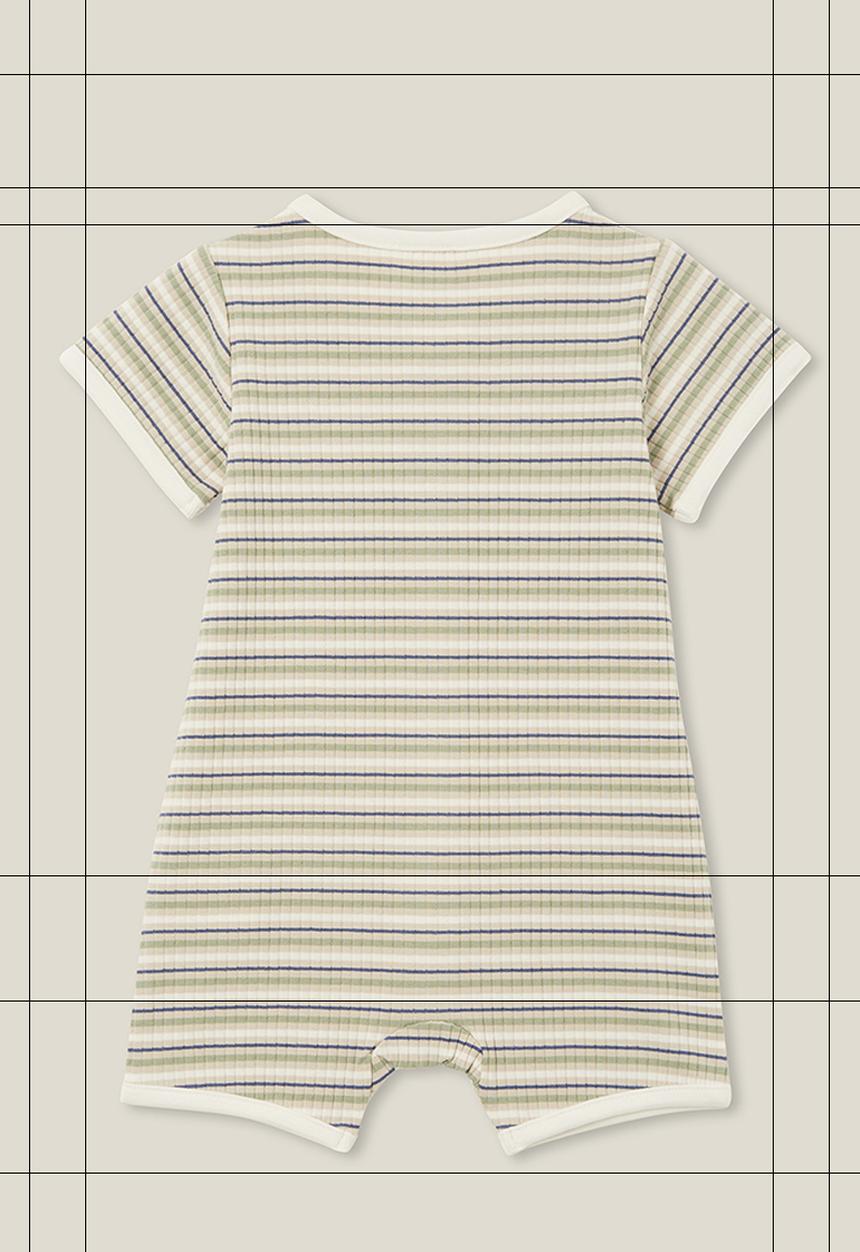 Cotton On - The short sleeve zip romper - rib deep sage stripe