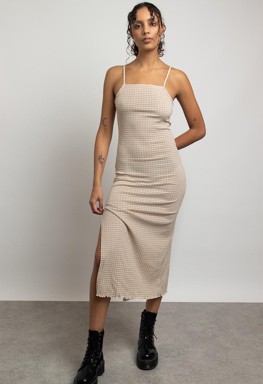 Daisy Street - Crinkle midi cami dress - neutral check