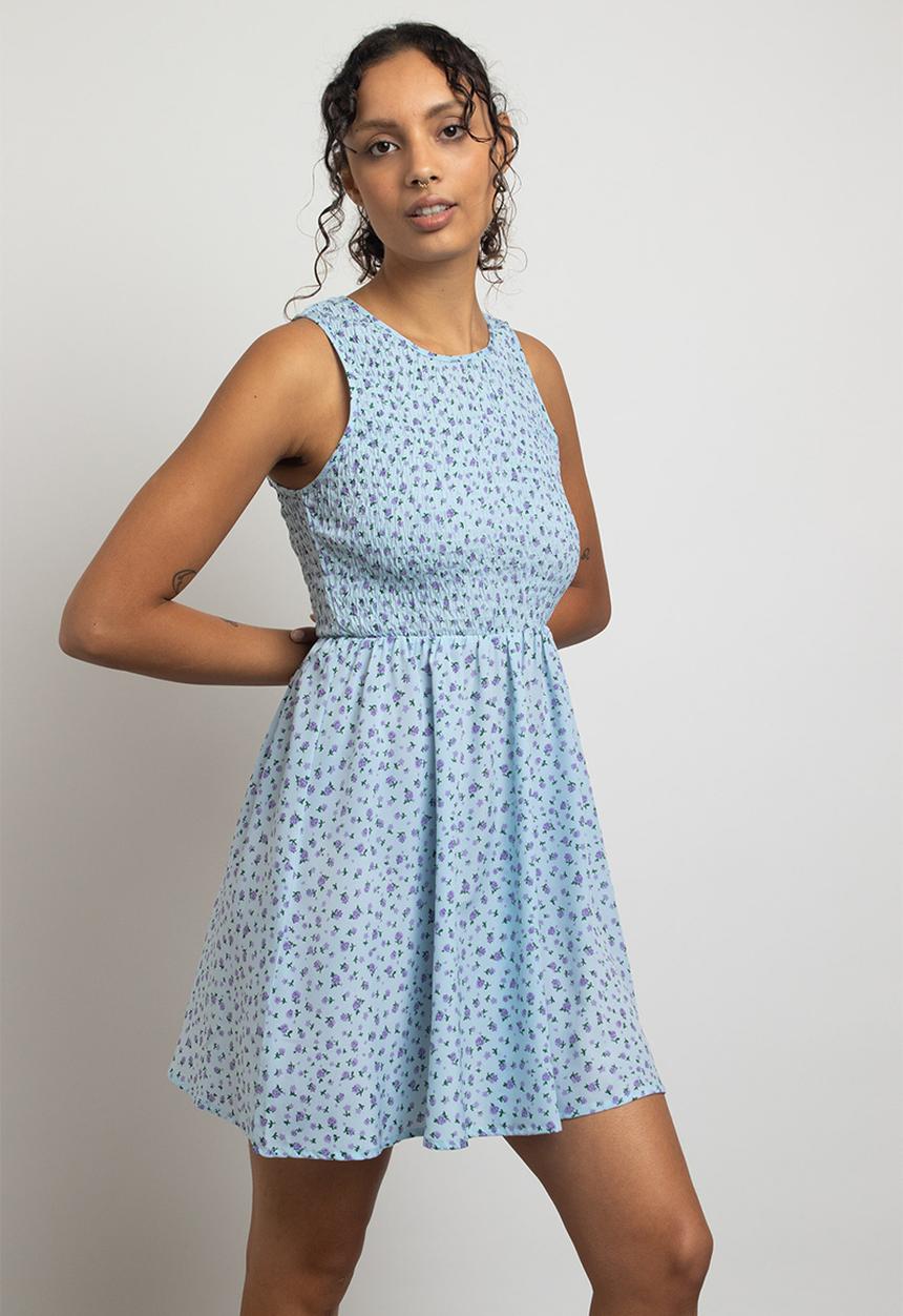 Daisy Street - Shirred sleeveless smock dress - blue ditsy
