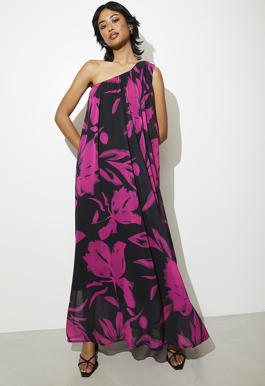 VELVET - Statement asymmetric maxi kaftan dress - black & pink