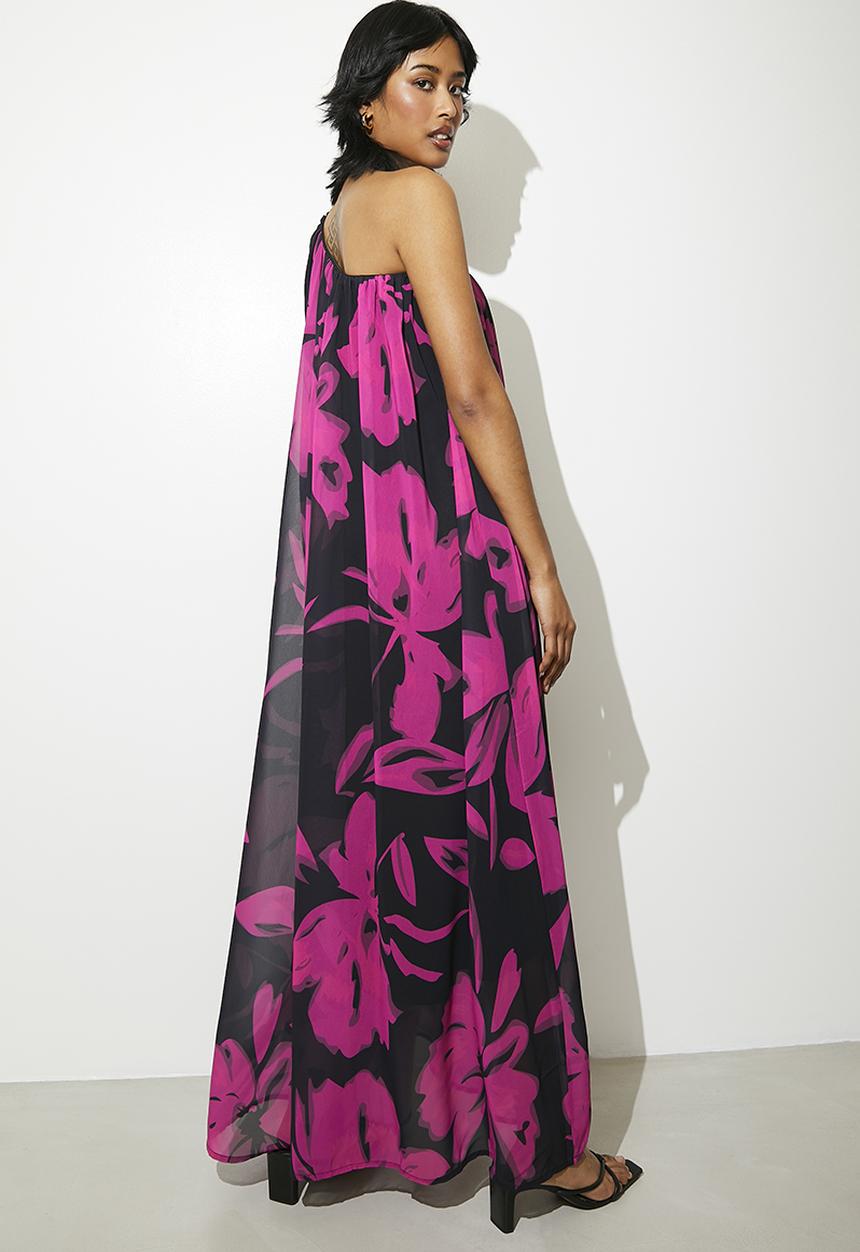 VELVET - Statement asymmetric maxi kaftan dress - black & pink