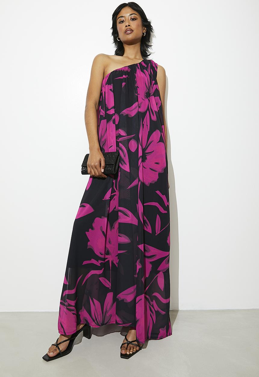 VELVET - Statement asymmetric maxi kaftan dress - black & pink