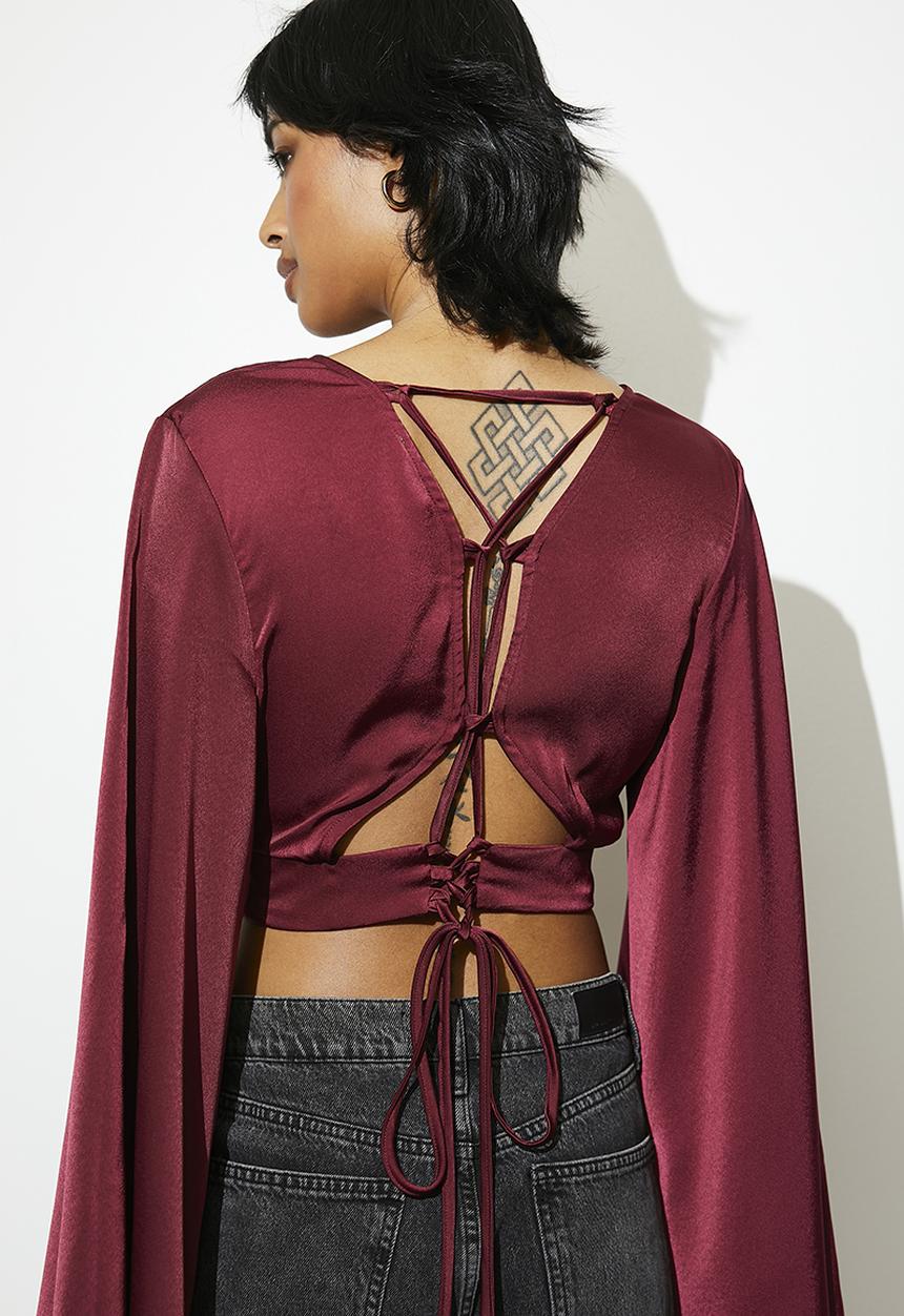 VELVET - Laceup v-neck shell - maroon