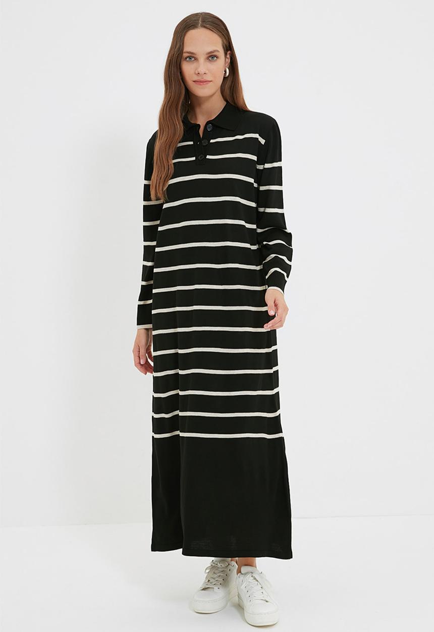 Trendyol - Modest stripe knit maxi dress - black/stone