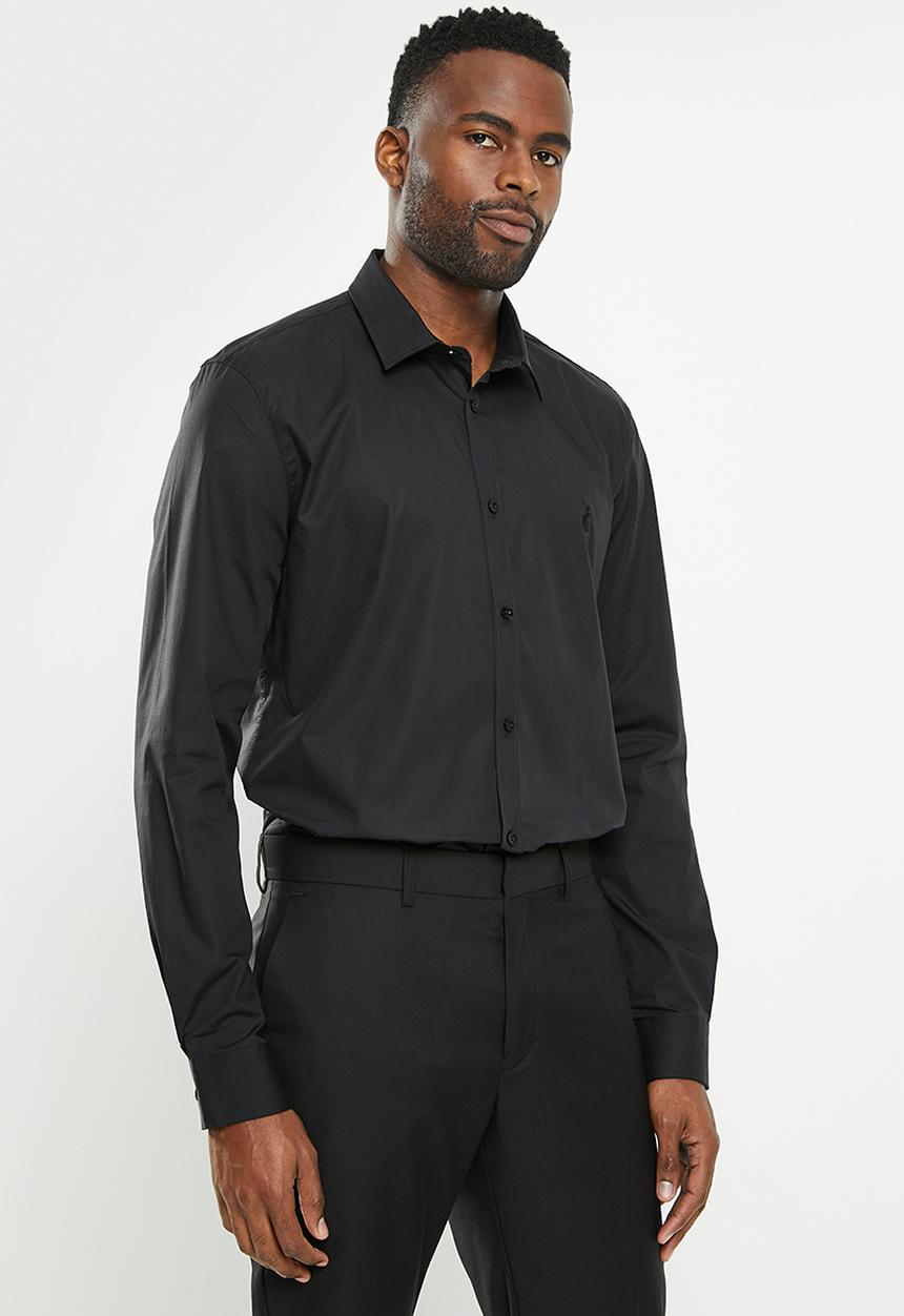 POLO - Mens slim stretch long sleeve shirt - black