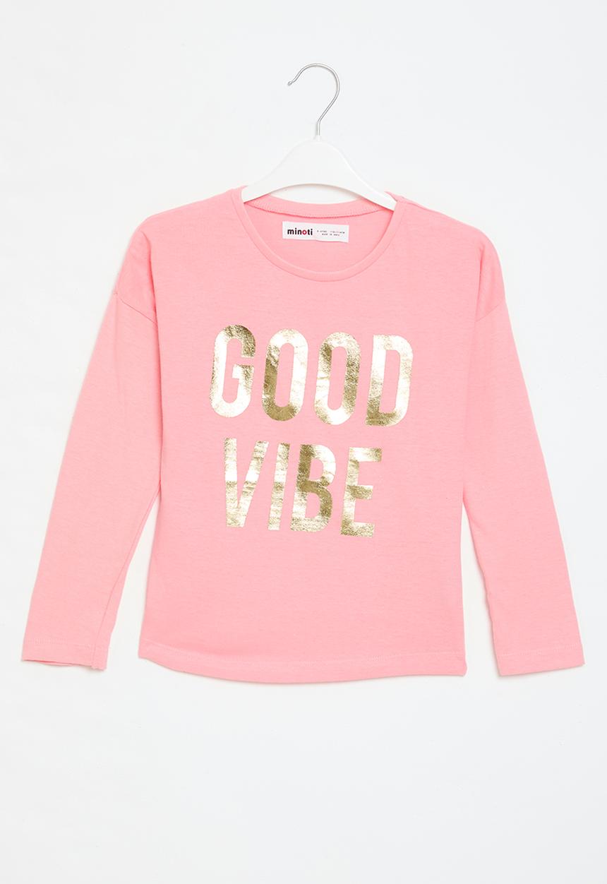 MINOTI - Girls basic good vibe graphic long sleeve top - pink