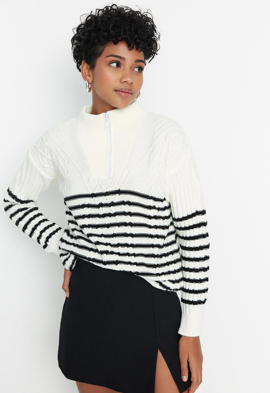 Trendyol - Oversized striped zip sweater - ecru