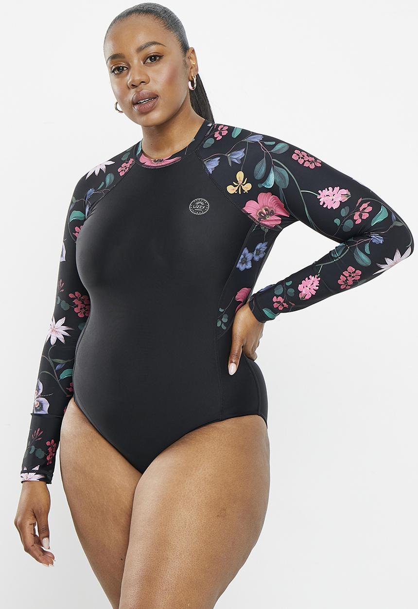 Lizzy - Plus Kyllini Long sleeve full body rashie swimsuit - Dark Indigenous Floral