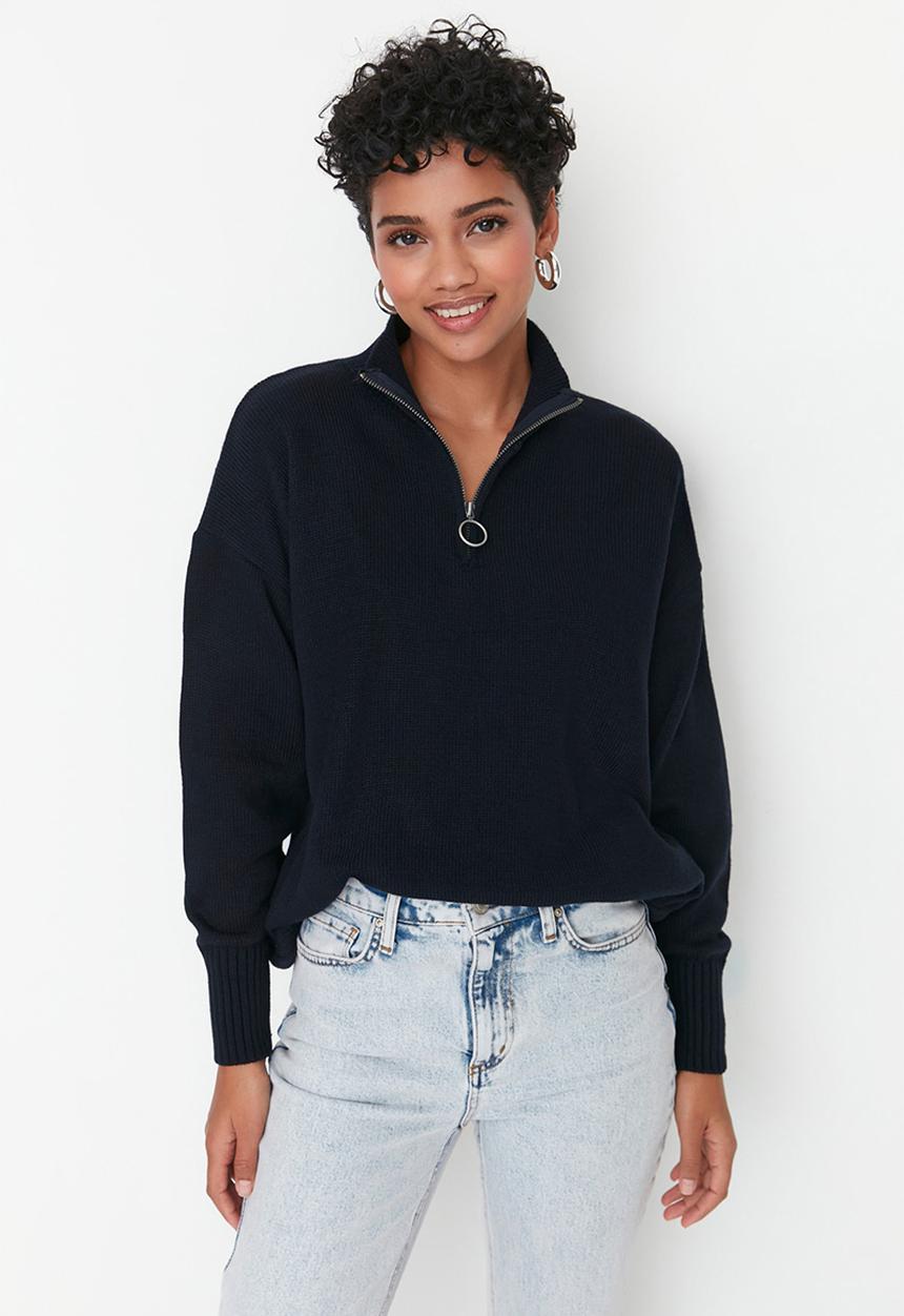 Trendyol - Long sleeve zip knit sweater - navy
