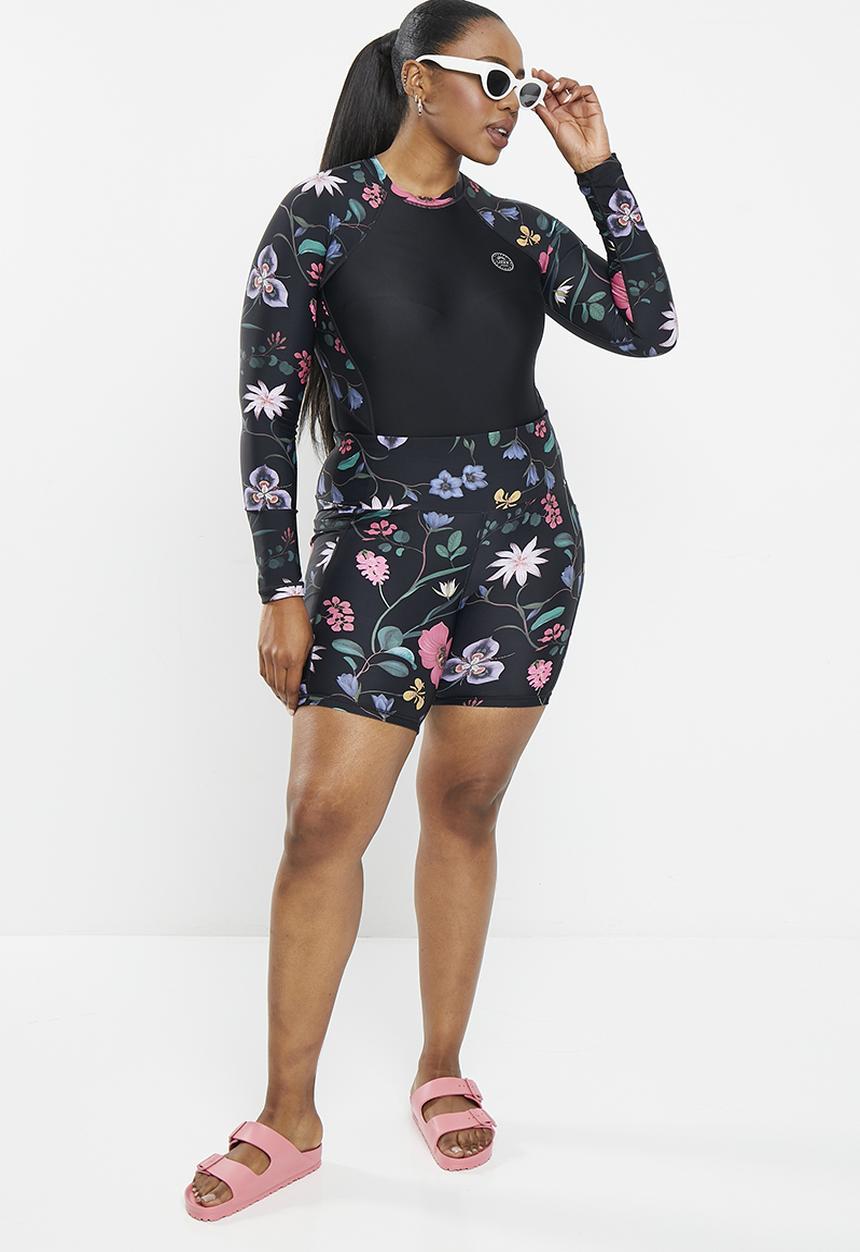 Lizzy - Plus Kyllini Long sleeve full body rashie swimsuit - Dark Indigenous Floral