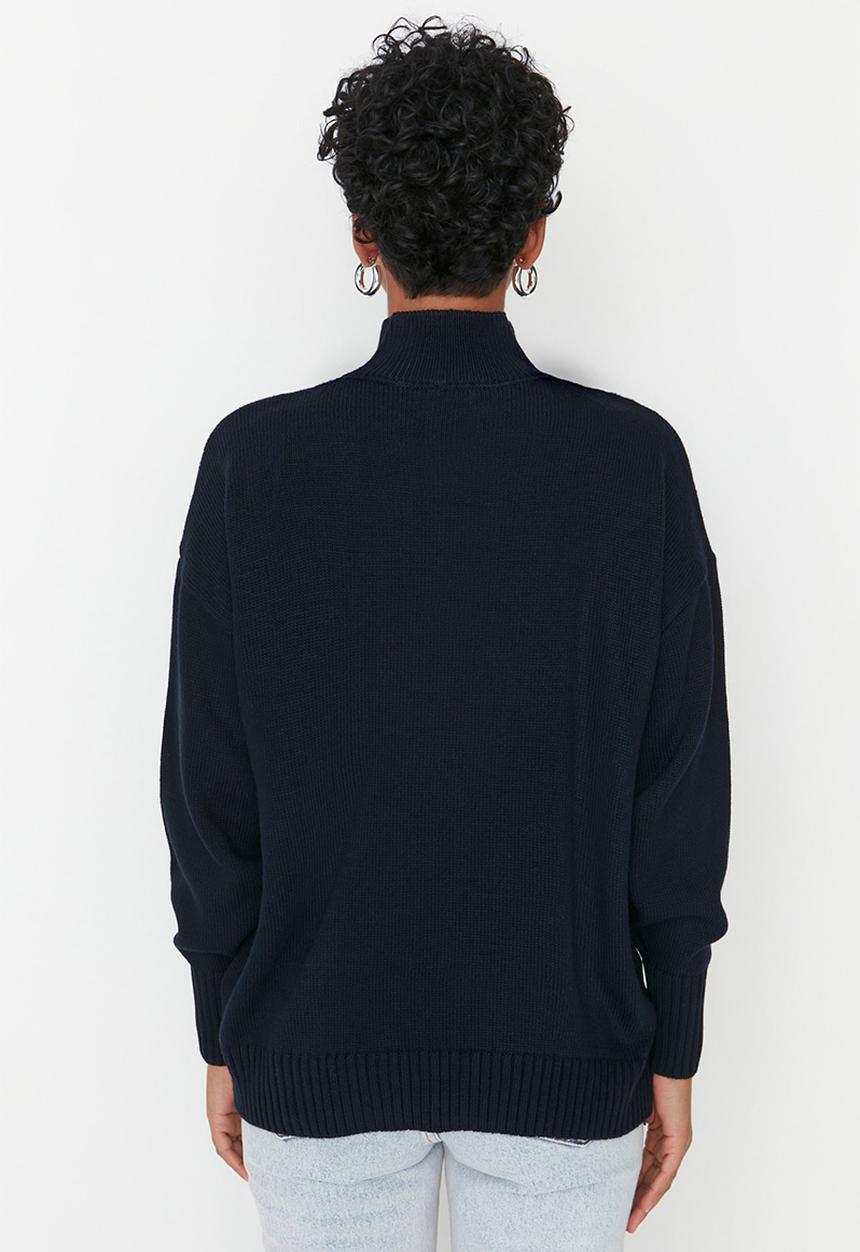 Trendyol - Long sleeve zip knit sweater - navy