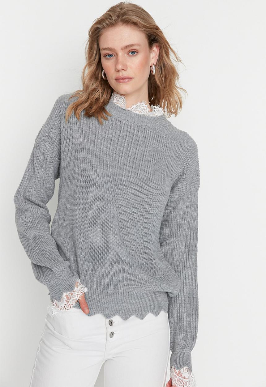 Trendyol - Lace ruffle detailed sweater - gray